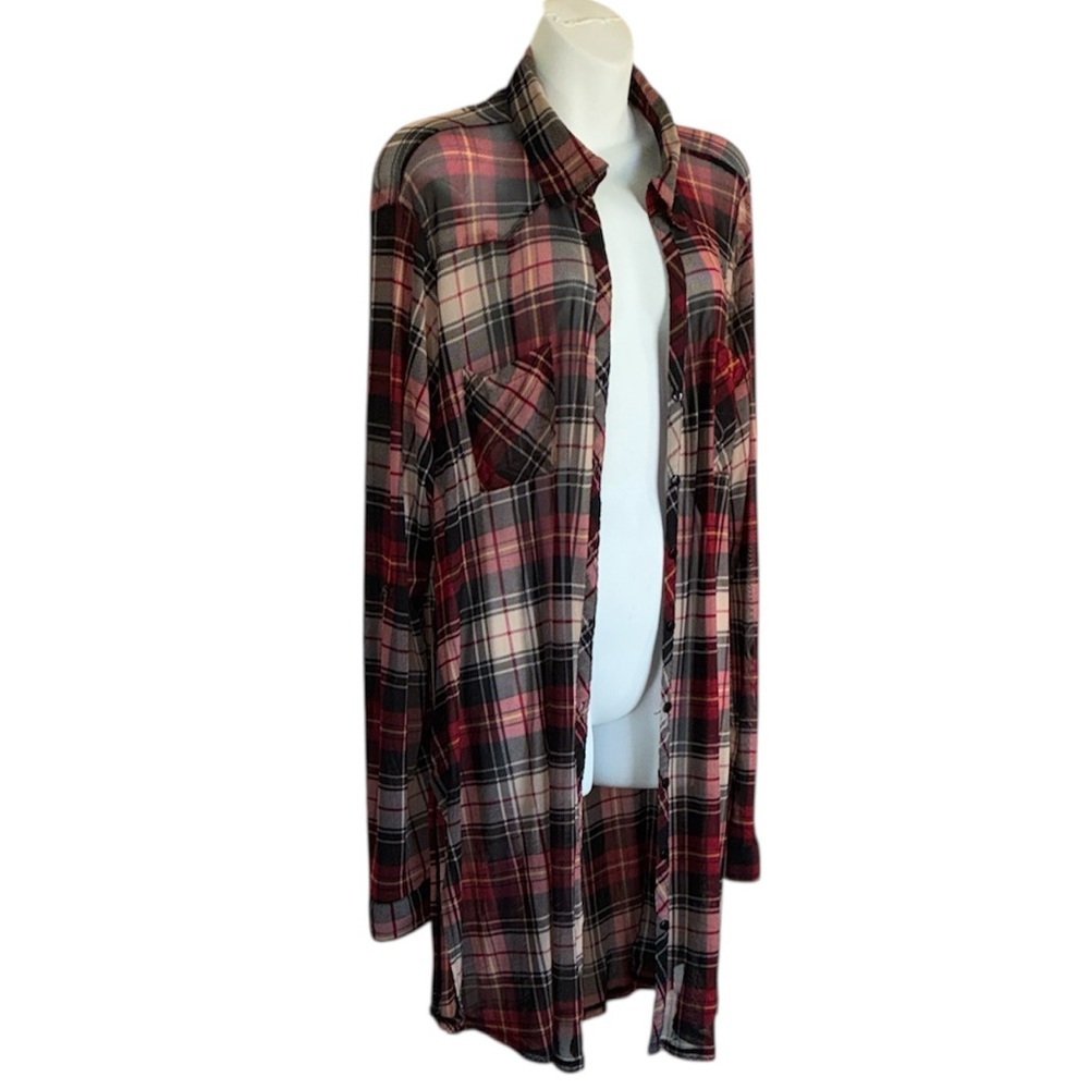 ALWAYS INDIGO sheer long button-down shirt, red black plaid, deep side slits 2X